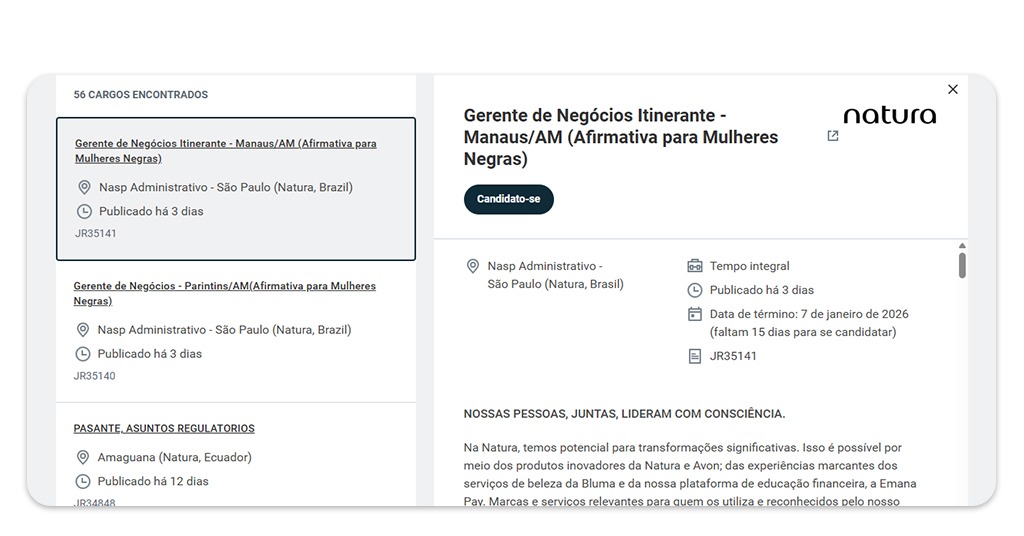 Vagas de emprego na Natura