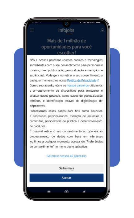 Tela de aceite dos termos de uso do aplicativo InfoJobs