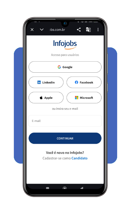 Tela de criação de conta no aplicativo InfoJobs com opções de login social