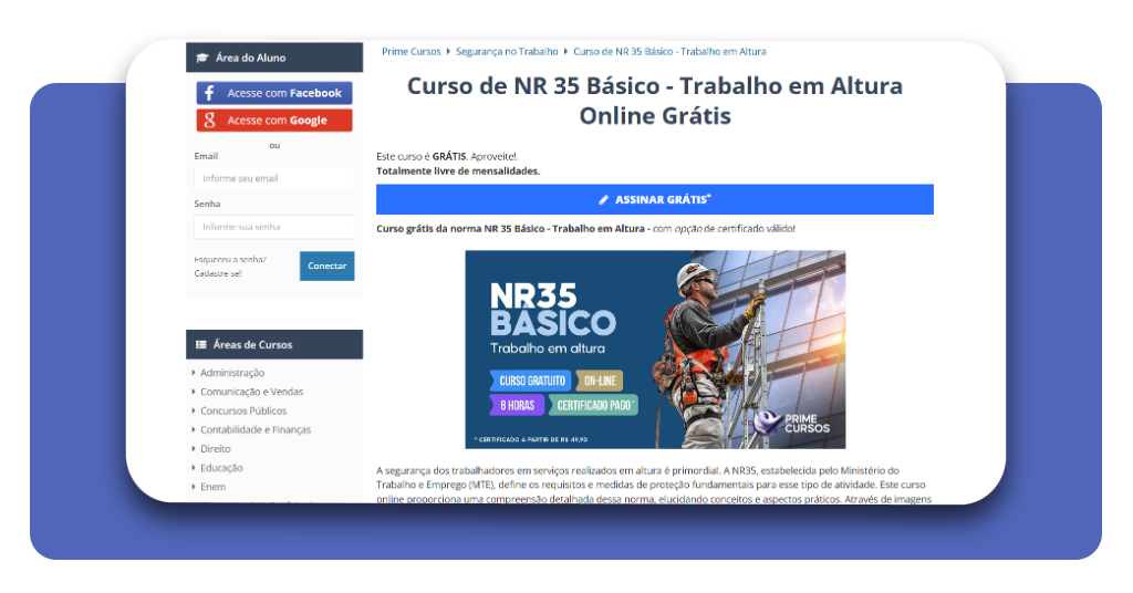 Curso de NR-35 grátis: cadastre-se pela internet hoje mesmo