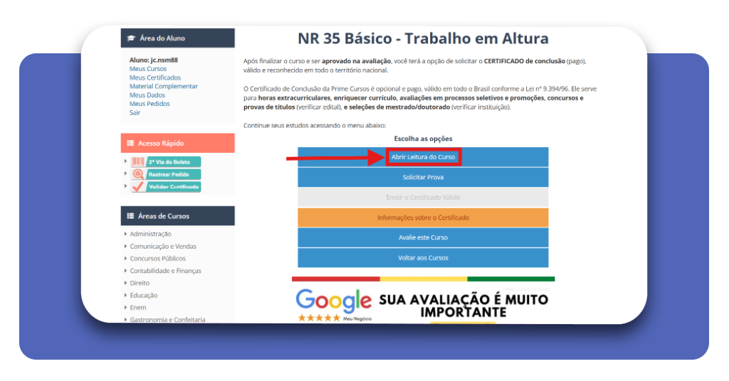 Painel Meus Cursos mostrando o curso de NR-35