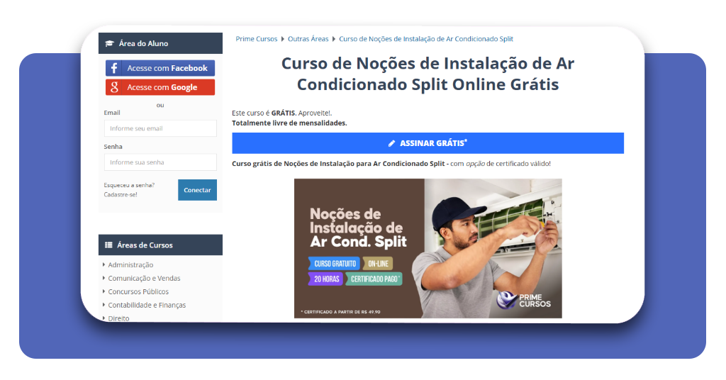 Página do curso de instalador de ar-condicionado na Prime Cursos mostrando o botão Assinar Grátis