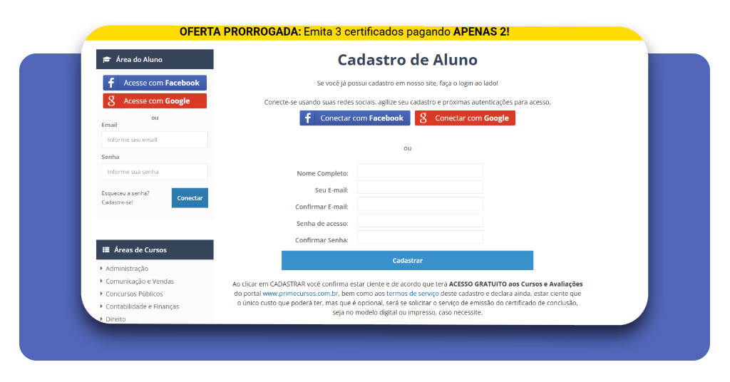 Tela de cadastro da Prime Cursos com opções de criar conta com e-mail ou entrar via Google e Facebook