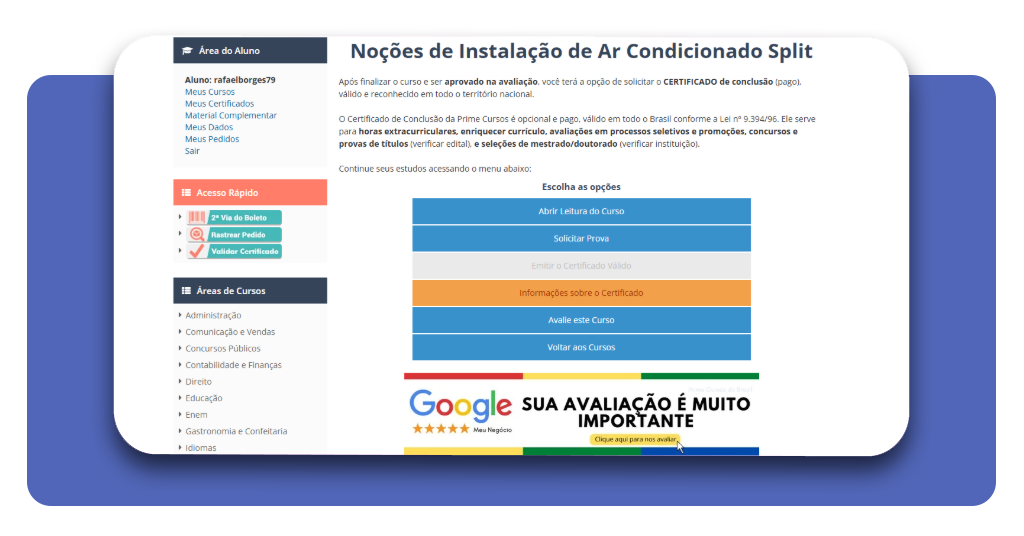 Confirmação de matrícula no curso de instalação de ar-condicionado na Prime Cursos