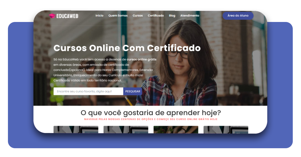 Tela inicial do site EducaWeb com campo de pesquisa para curso de repositor