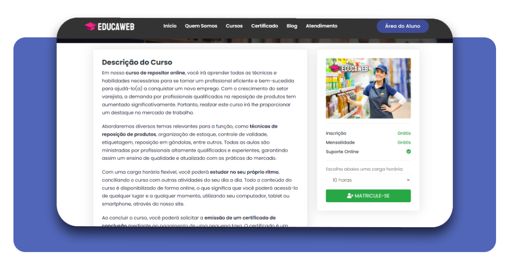 Página do curso de repositor com botão de matrícula
