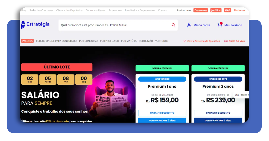 Interface inicial do Estratégia Concursos mostrando os concursos mais recentes