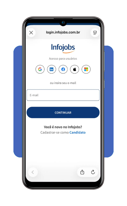 Tela de cadastro do InfoJobs com campos de e-mail e senha
