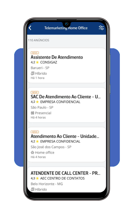 Busca por vagas de telemarketing home office no app InfoJobs