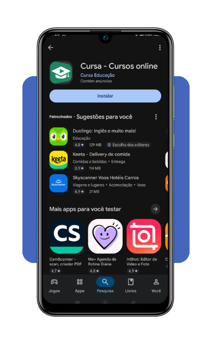 Tela da Google Play Store mostrando como baixar o aplicativo Cursa