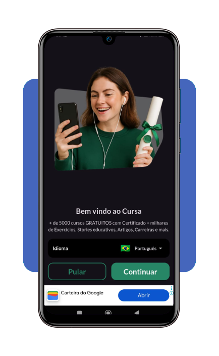 Interface do aplicativo Cursa para seleção de idioma