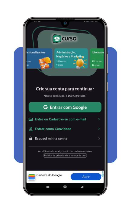 Tela de cadastro no aplicativo Cursa com opções de login