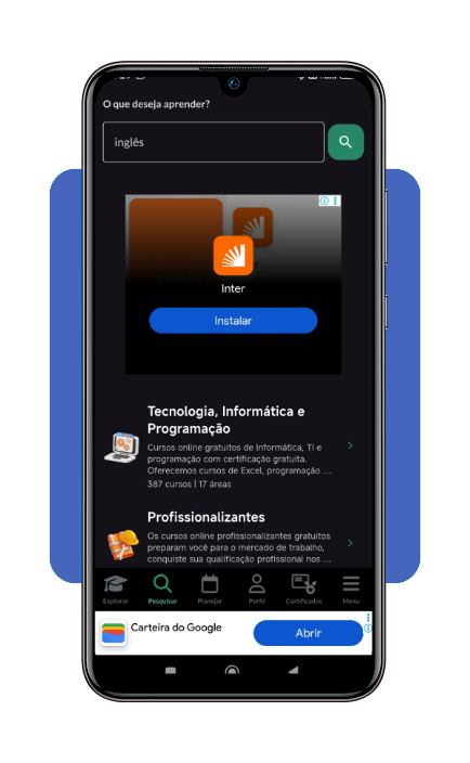 Interface de pesquisa e matrícula no curso de inglês no aplicativo Cursa