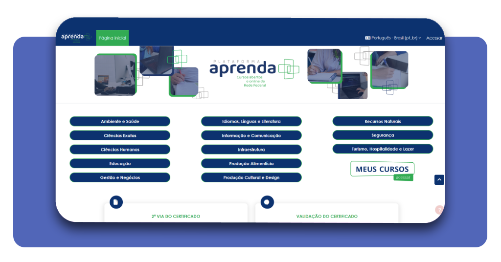 Captura de tela da página inicial da plataforma Aprenda Mais MEC mostrando as diferentes áreas de conhecimento disponíveis