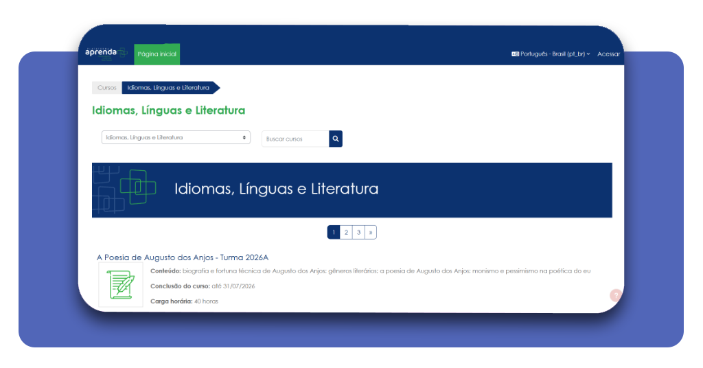 Lista de cursos disponíveis na área de Idiomas, Línguas e Literatura na plataforma Aprenda Mais
