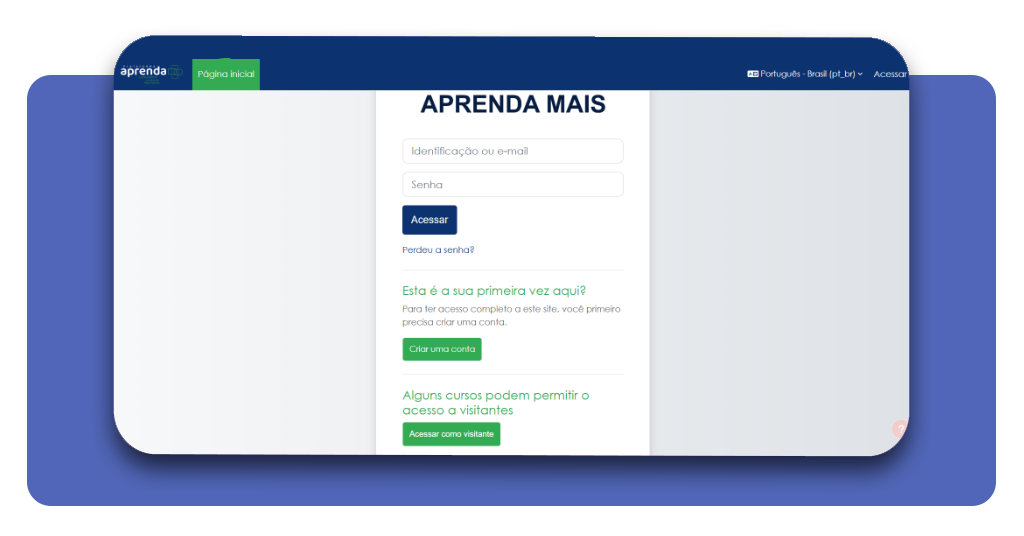 Tela de login e cadastro da plataforma Aprenda Mais MEC
