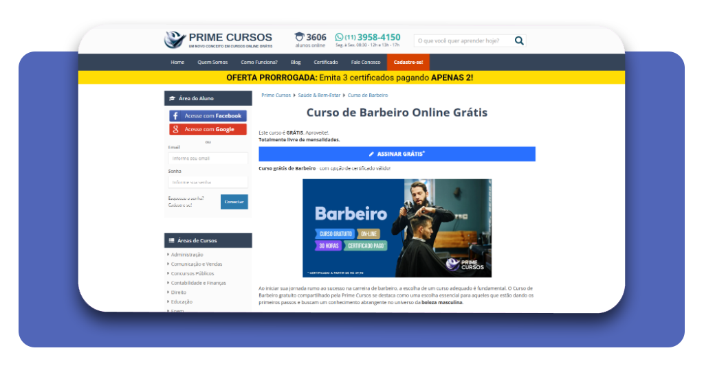 Página inicial do curso de barbeiro da Prime Cursos