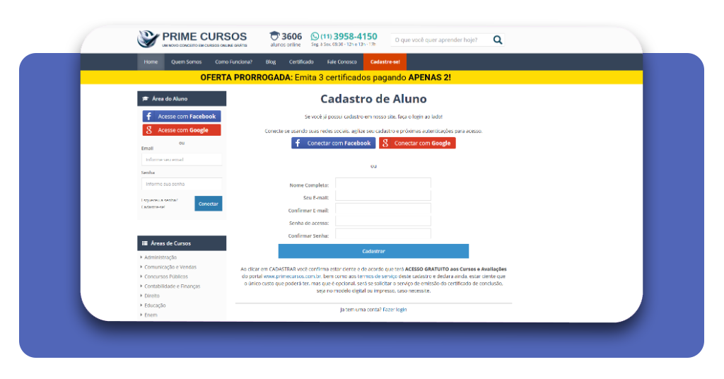 Tela de cadastro do Prime Cursos