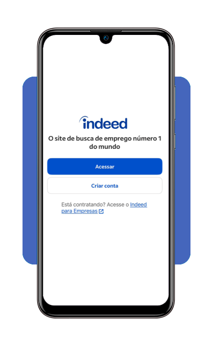 Tela inicial do aplicativo Indeed mostrando campos para criar conta ou fazer login