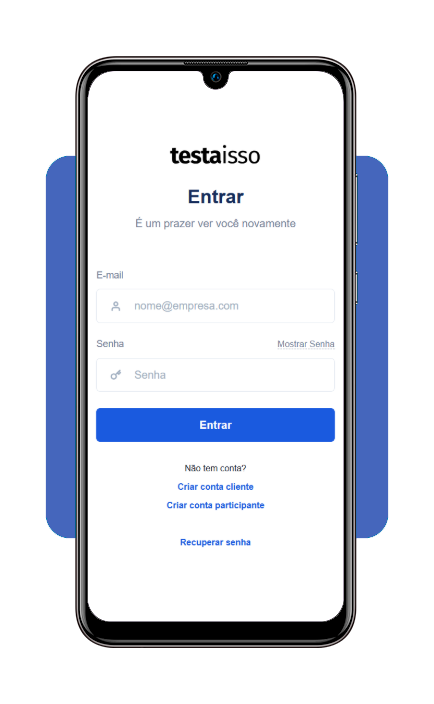 Tela de criação de conta no TestaIsso