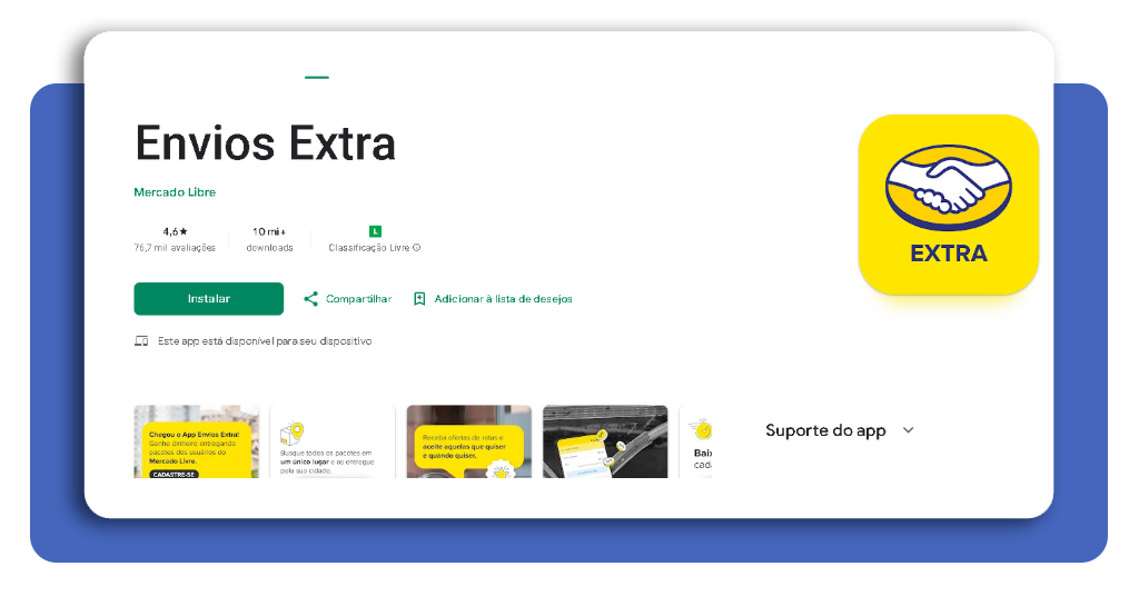 Tela da Play Store com o aplicativo Envios Extra do Mercado Livre para download