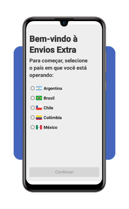 Tela de configuração de dados no aplicativo Envios Extra do Mercado Livre