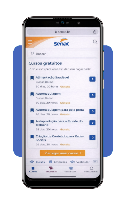 Tela do site do Senac com lista de cursos gratuitos visível