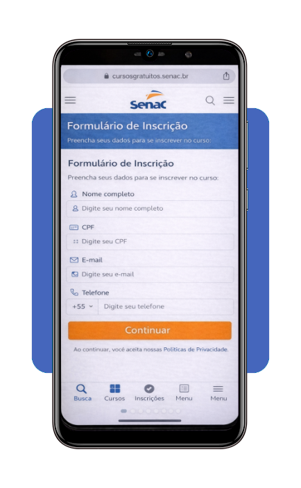 Tela de formulário de inscrição com campos de preenchimento