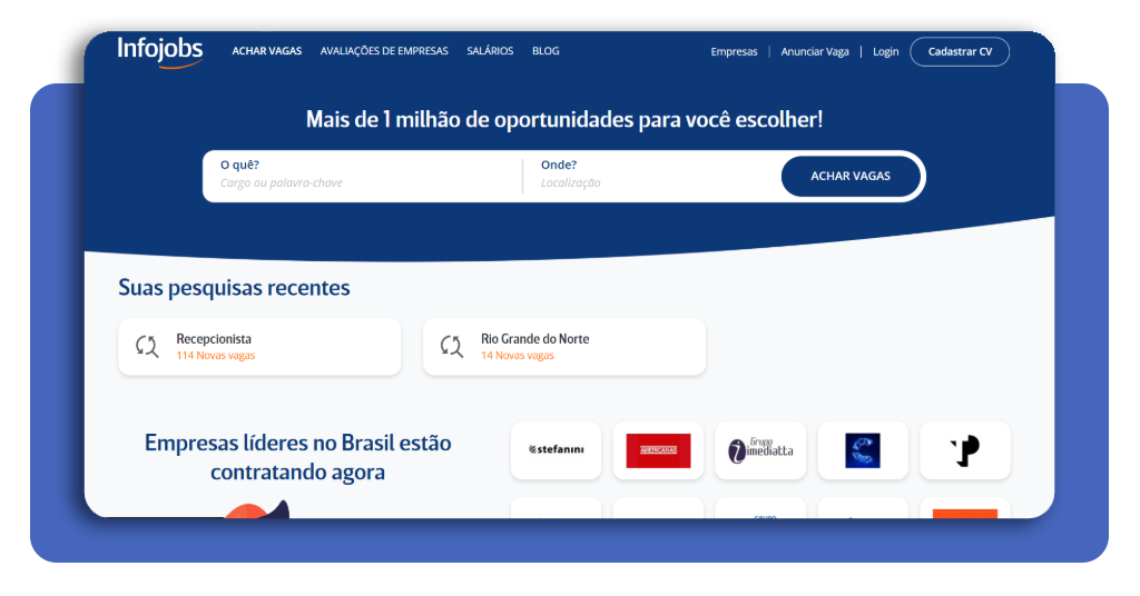 Tela inicial do app InfoJobs com opção de cadastrar currículo
