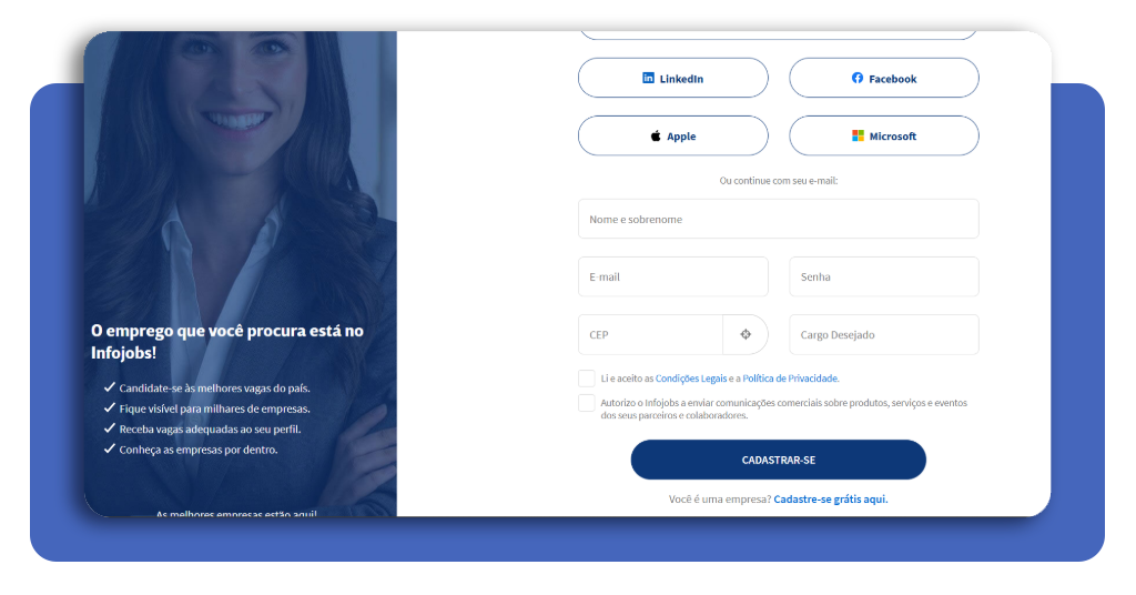 Tela de cadastro do InfoJobs com opções de criação de conta