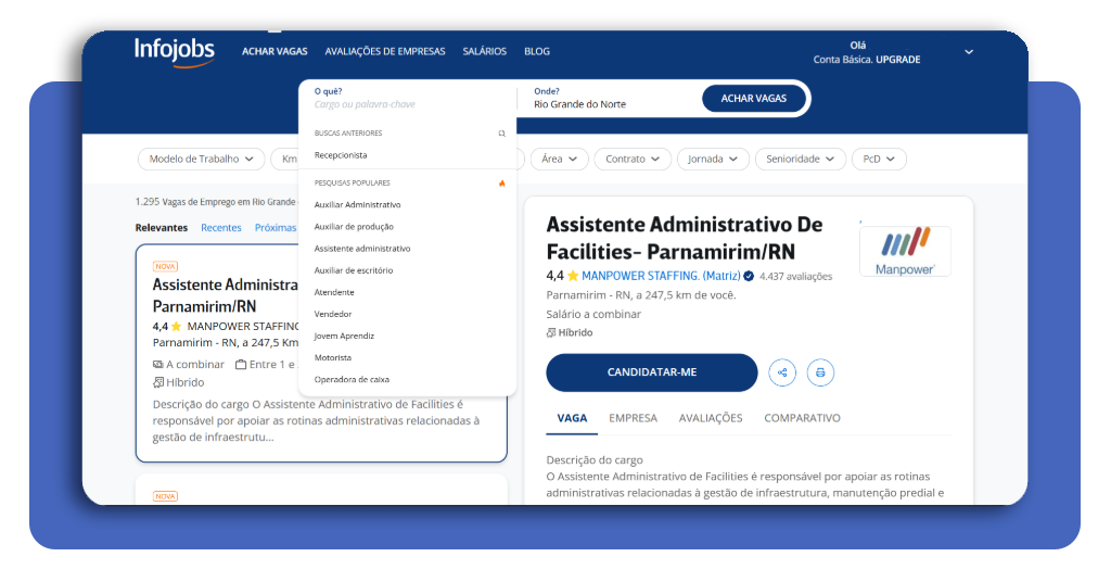 Tela de busca de vagas no InfoJobs com filtros disponíveis