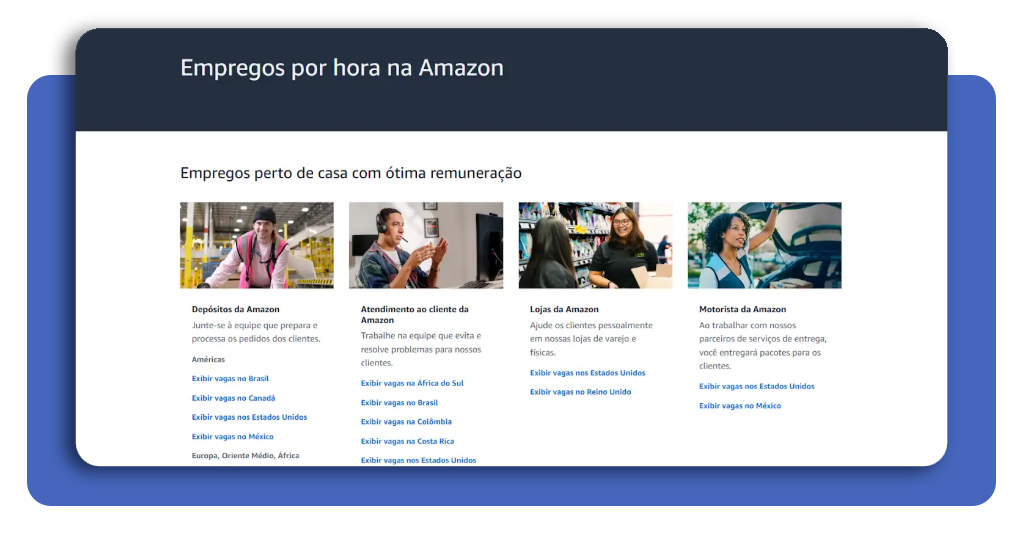 Tela inicial do portal Amazon Jobs mostrando as opções de vagas por hora
