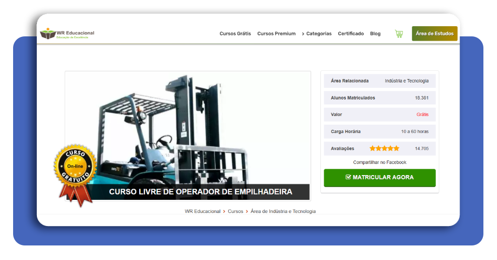 Página inicial do curso de empilhadeira grátis da WR Educacional