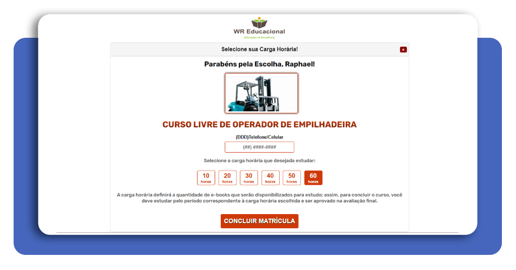 Seleção de carga horária no curso de empilhadeira