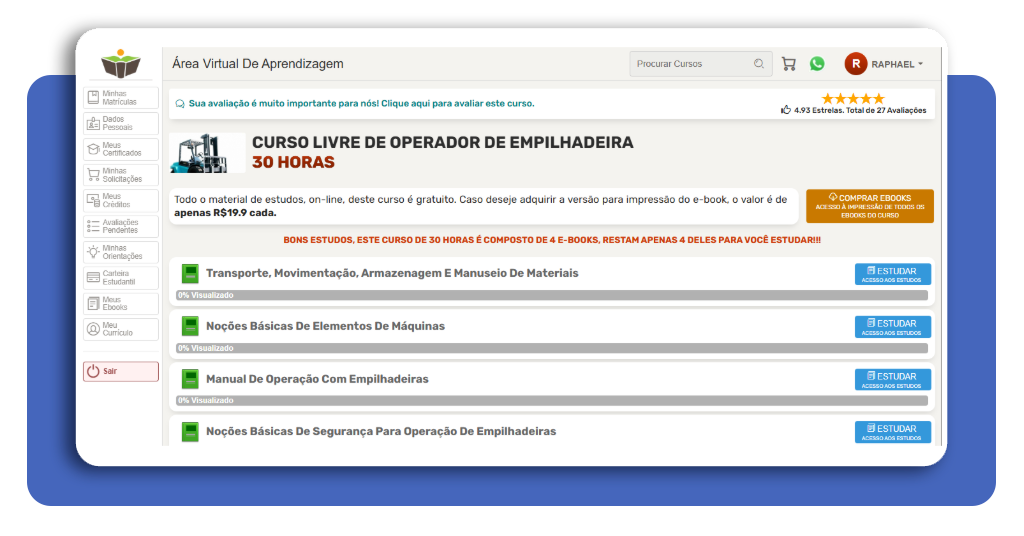 Interface dos módulos do curso de empilhadeira