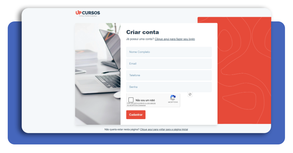 Tela de cadastro no Up Cursos mostrando os campos para inserir dados pessoais