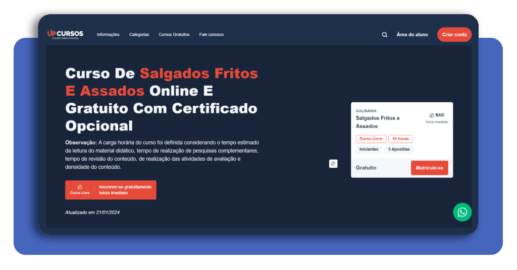 Página do catálogo de cursos mostrando o curso de salgados para festa disponível para matrícula
