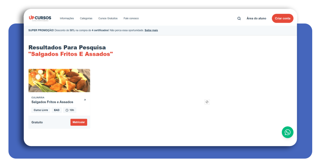 Interface da plataforma de estudos mostrando o curso de salgados em andamento e o progresso do aluno