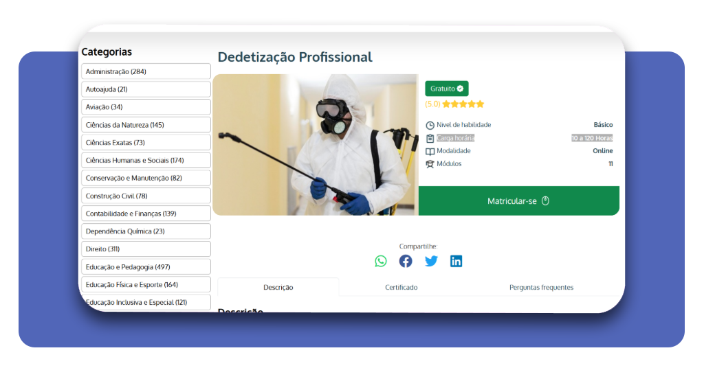 Interface da página do curso de dedetização mostrando o botão de matrícula
