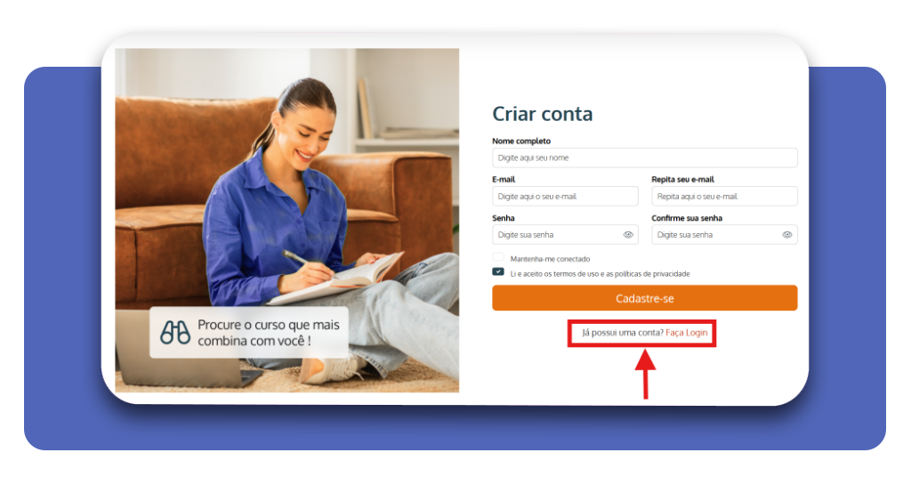 Tela de cadastro e login da plataforma de cursos