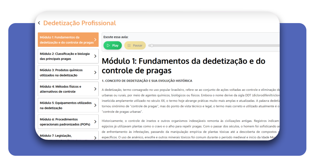 Interface do curso com botão play para iniciar as aulas de dedetização