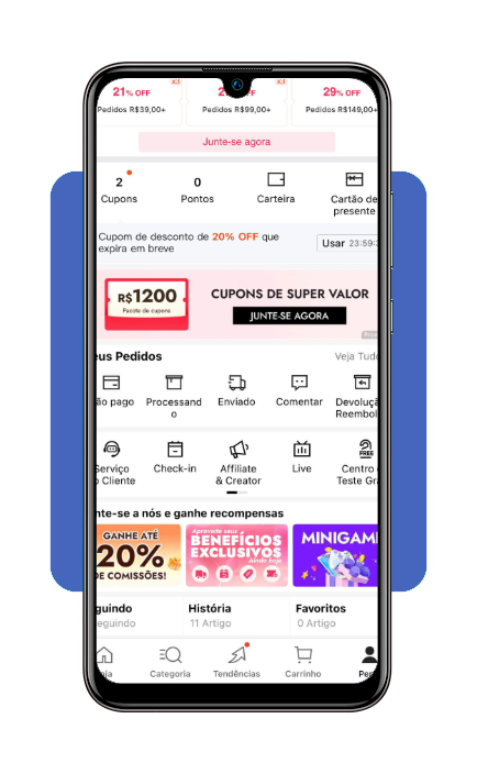 Interface do app SHEIN mostrando a seção Affiliate & Creator no perfil do usuário