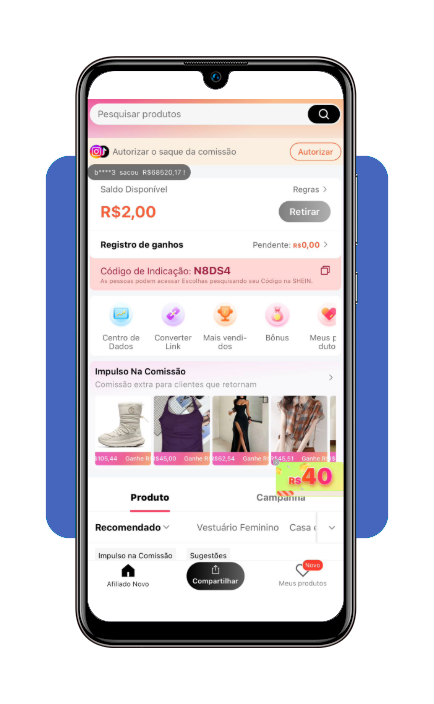 Tela do Centro de Afiliados da SHEIN mostrando a geração de links exclusivos