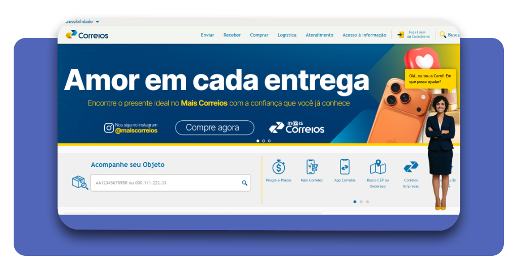 Tela inicial do site dos Correios para acesso ao programa Jovem Aprendiz