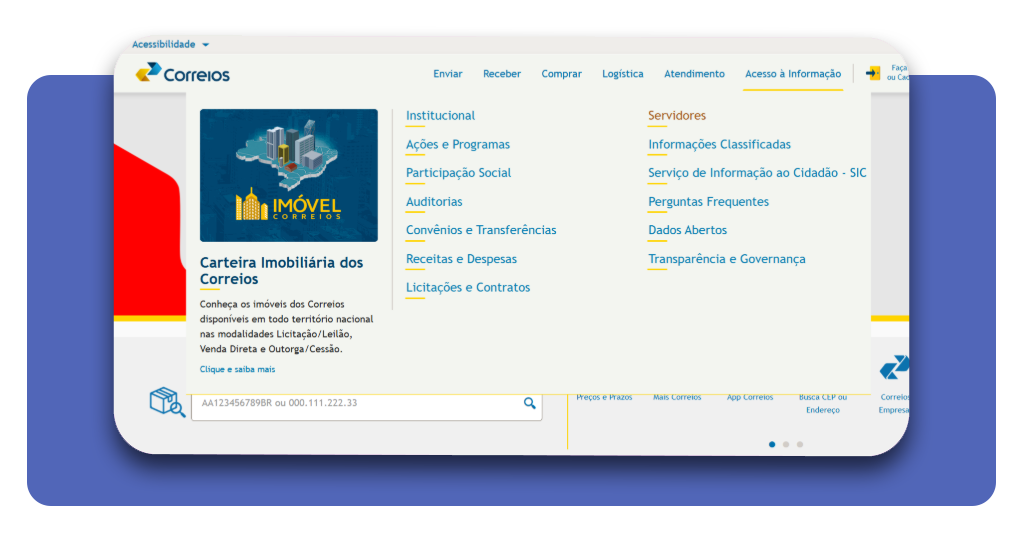 Menu de Acesso à Informação no site dos Correios com opção Servidores destacada