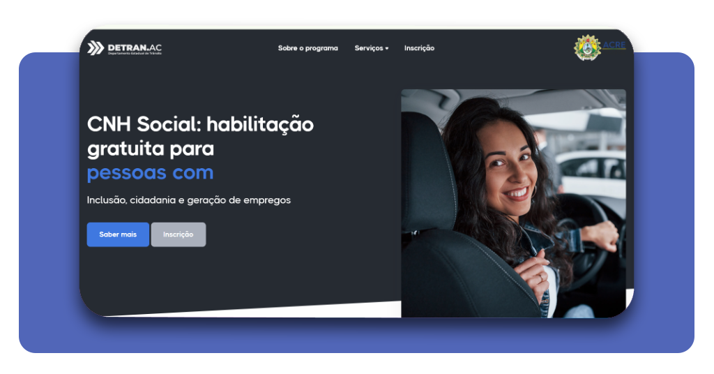 Tela inicial do portal do Detran com a opção de inscrição na CNH Social
