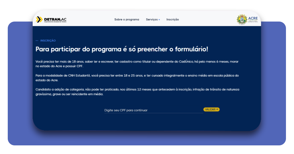 Formulário de inscrição na CNH Social com campo para preenchimento do CPF
