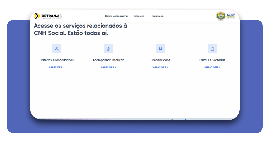 Tela de acompanhamento de inscrição na CNH Social no portal do Detran