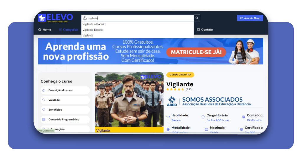 Campo de busca do portal Elevo Cursos com pesquisa por vigilante