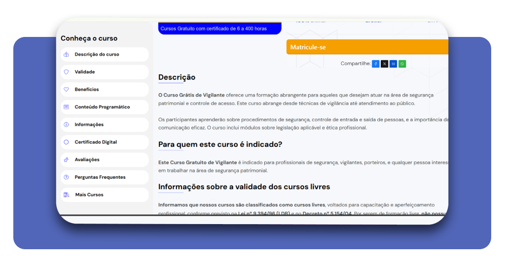 Botão de matrícula no curso de vigilante na plataforma Elevo Cursos